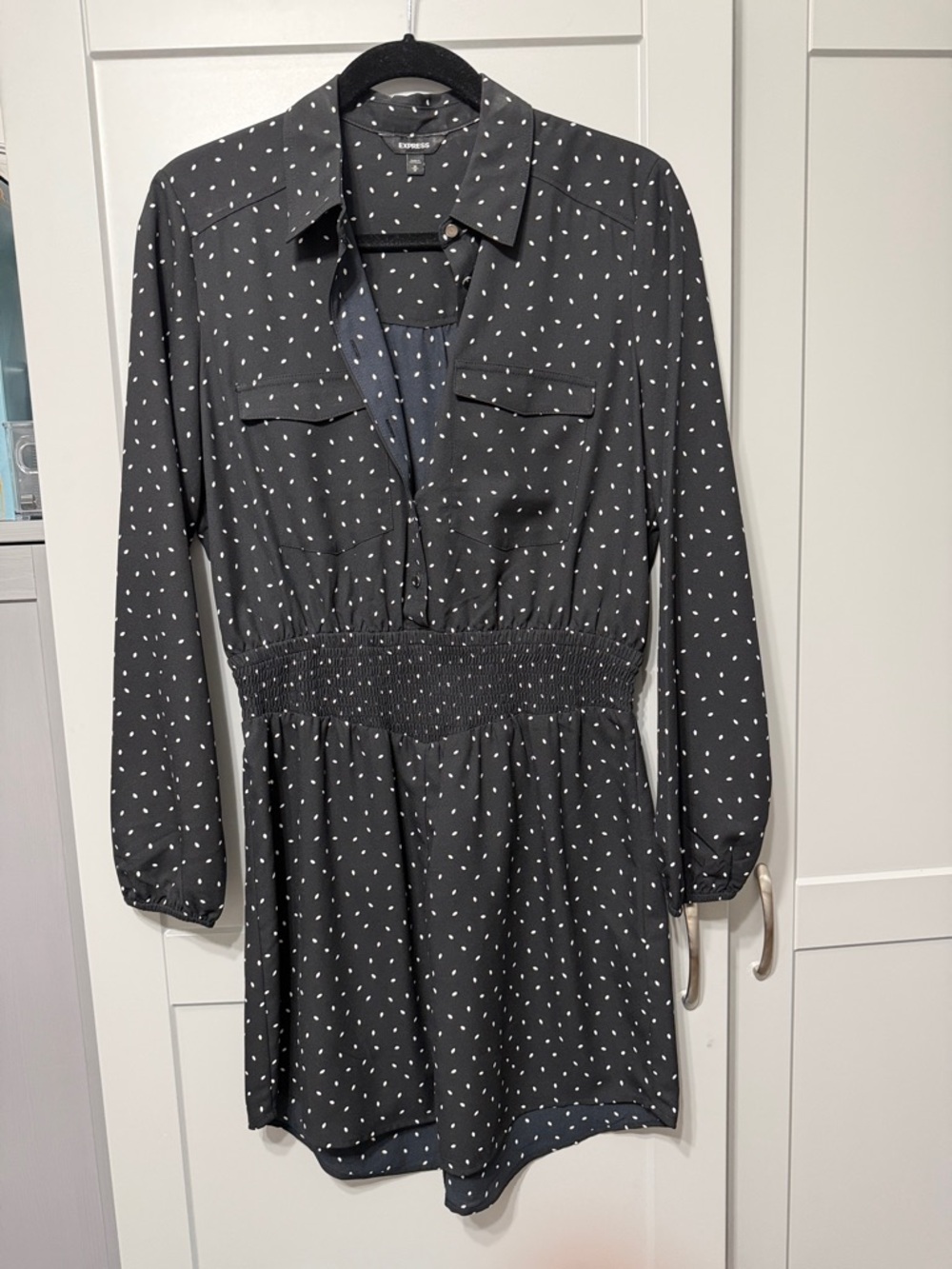 Express Black Long-Sleeve Polka Dot Shirtdress